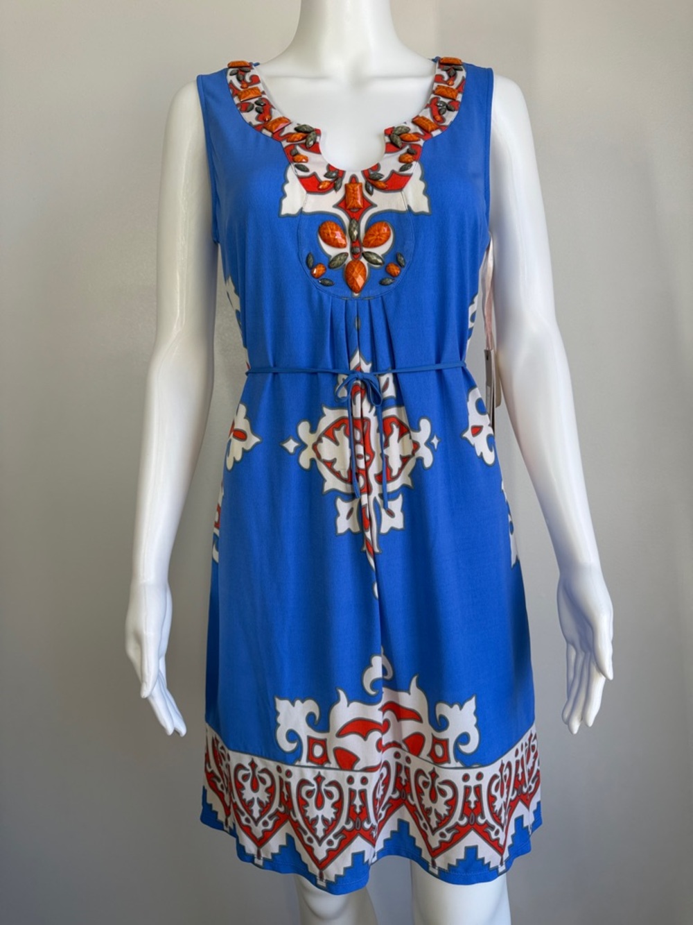 Hale Bob Embellished Sleeveless Dress Blue Red Tile Print S NWT